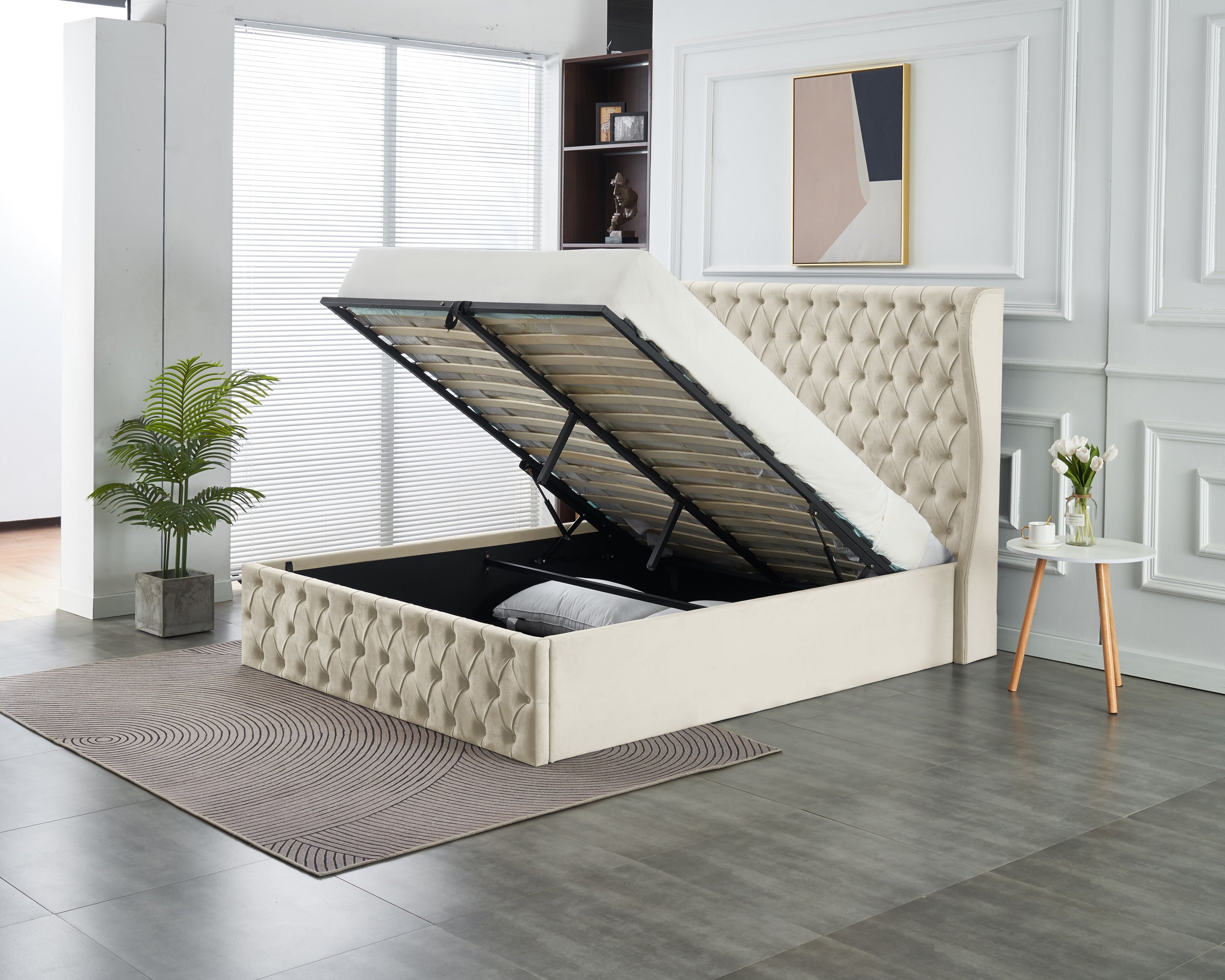 Alaya Lift-up Storage Bed- Beige