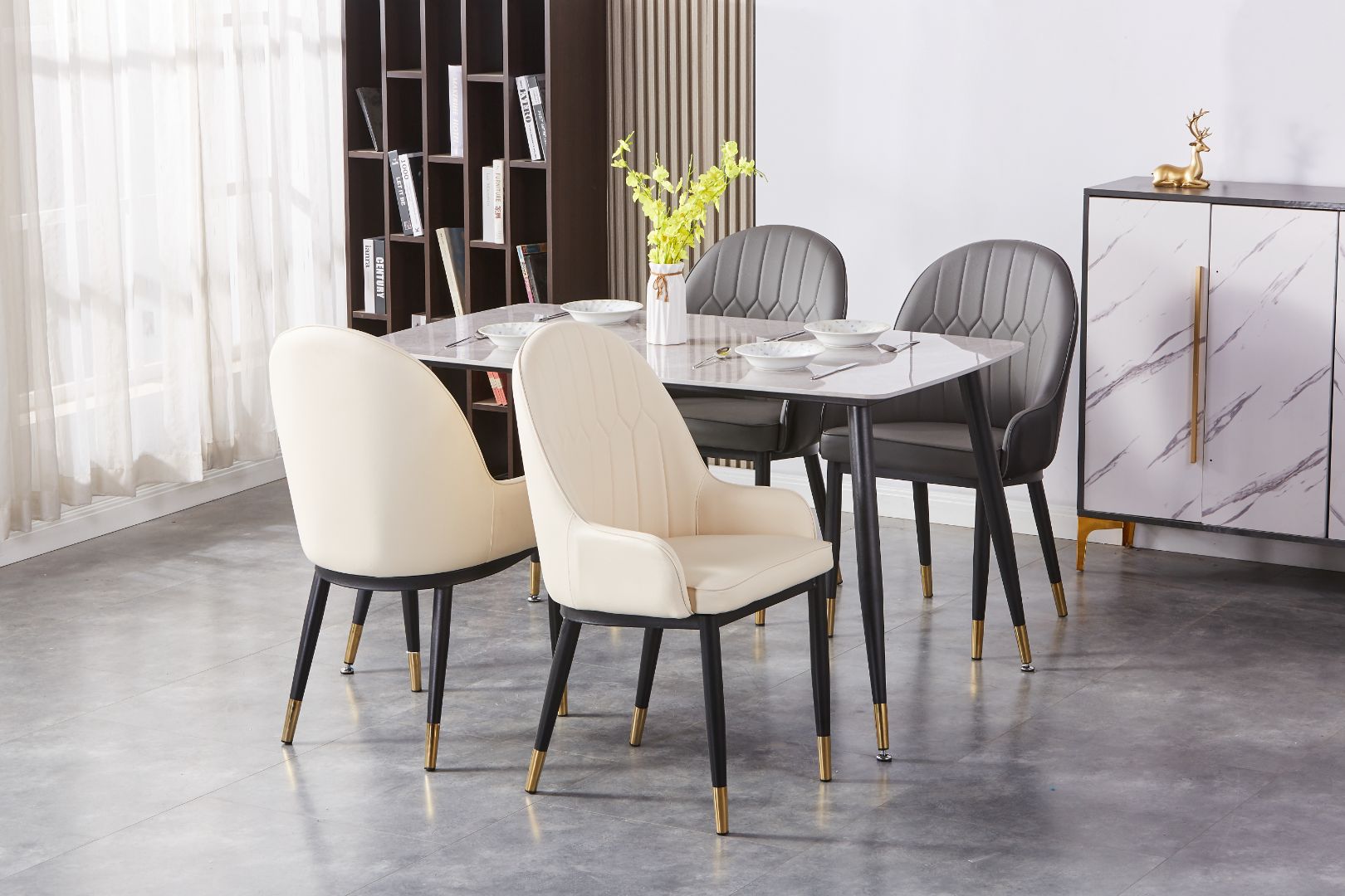 Warren 55" Dining Table Gloss Sintered Stone Top With Metal Legs- Grey