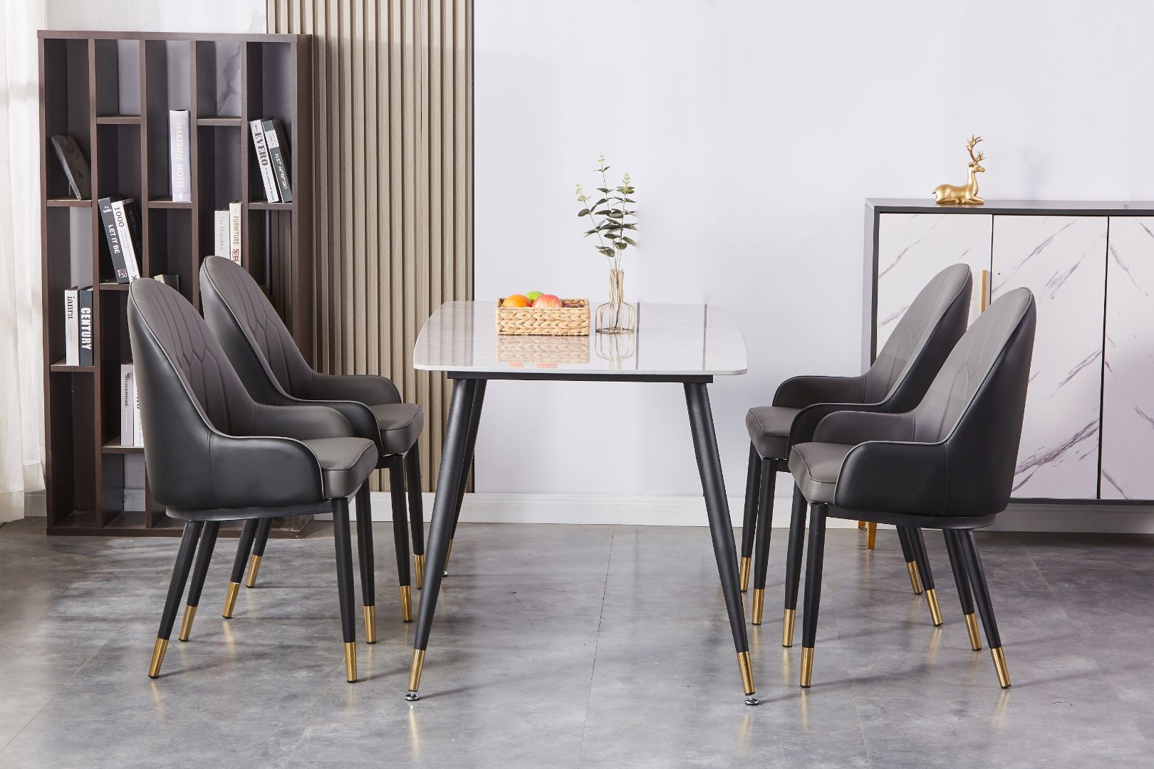 Warren 55" Dining Table Gloss Sintered Stone Top With Metal Legs- Grey