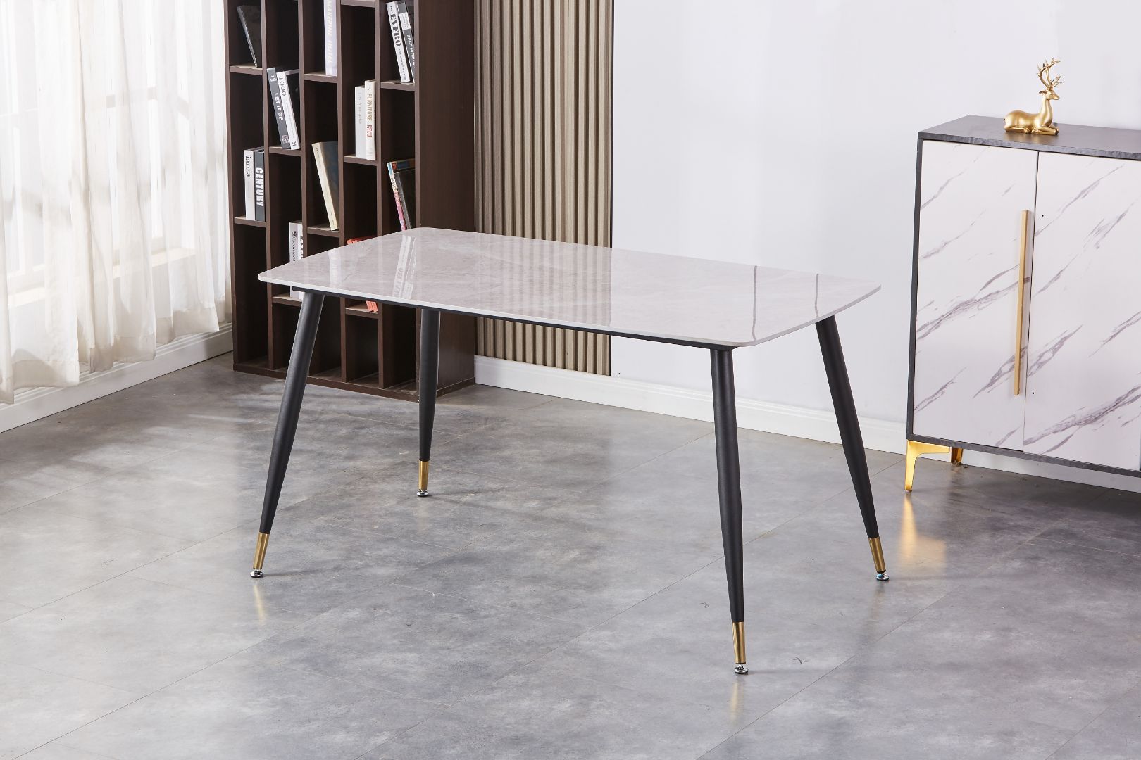 Warren 55" Dining Table Gloss Sintered Stone Top With Metal Legs- Grey