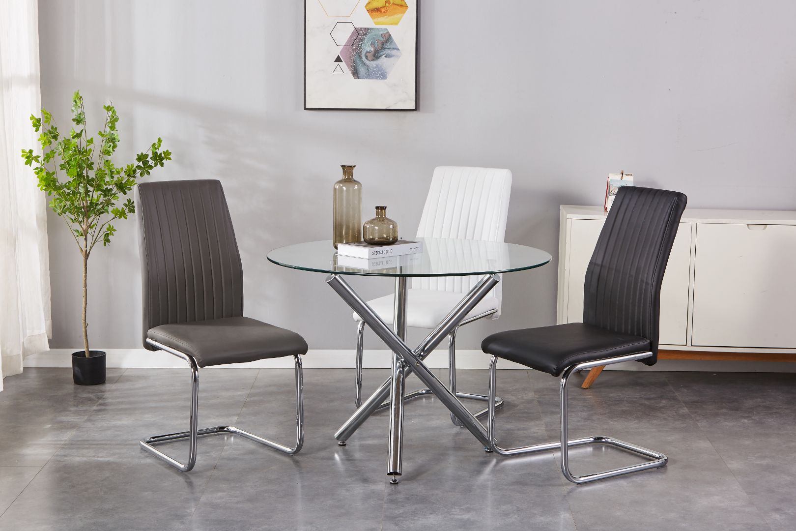 Mira Upholstered Side Chair/ Dining Chair (Set of 4) - PU Leather Chair w/ Chrome Leg